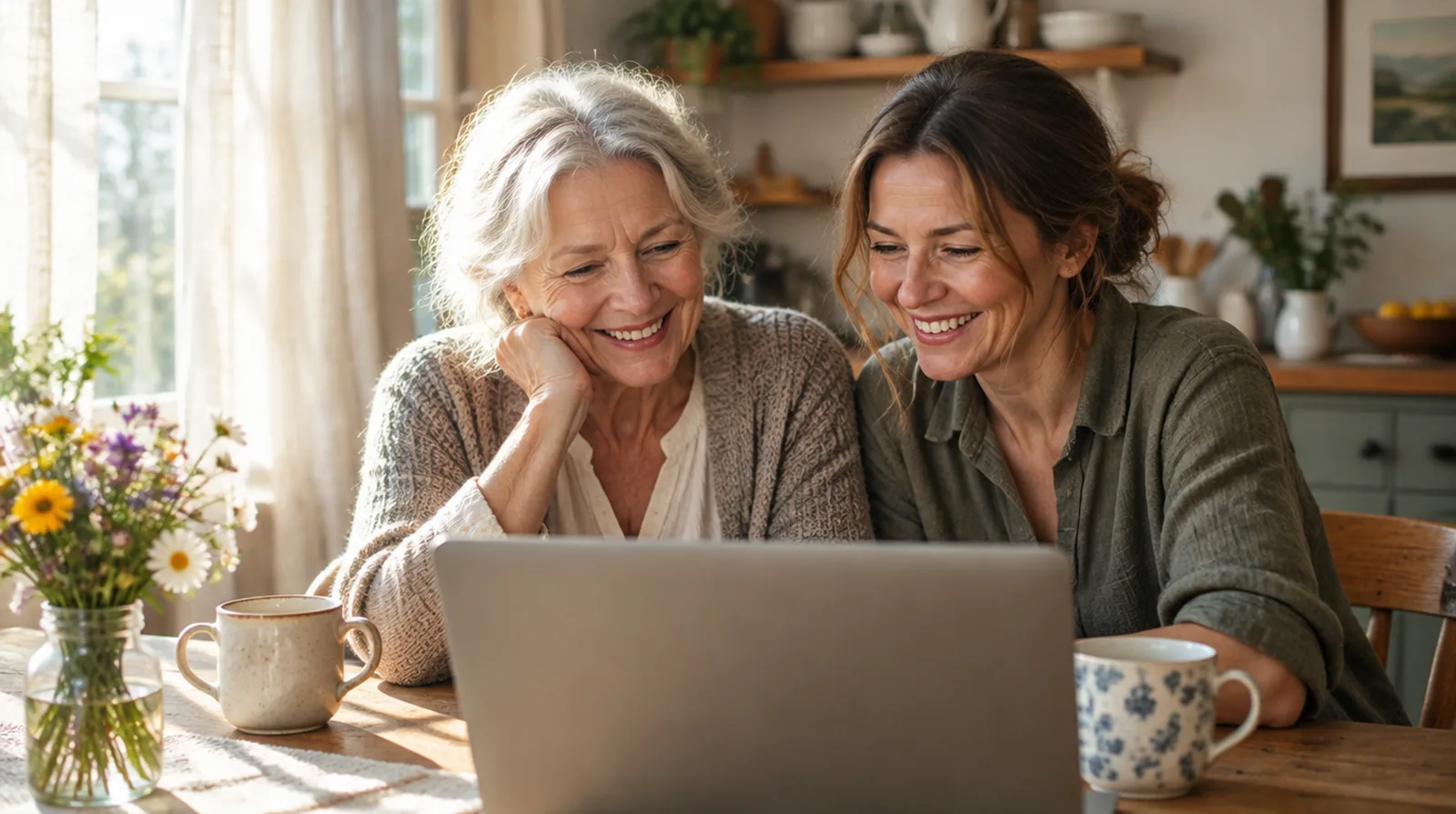 A grandmother and her adult daughter sit at a kitchen table with a laptop, looking through family photos together
