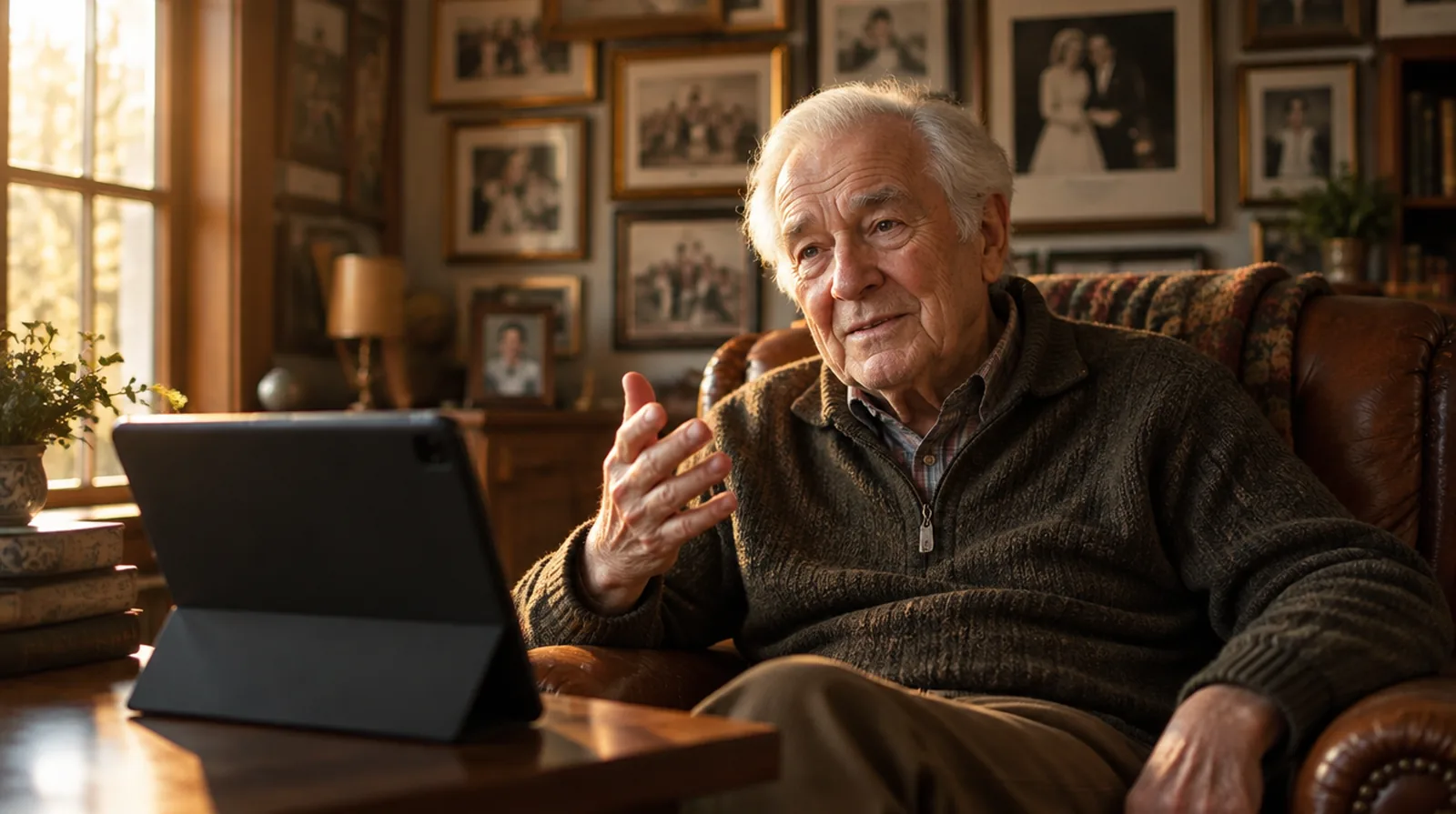 An older man records a video message in his study, speaking to the camera