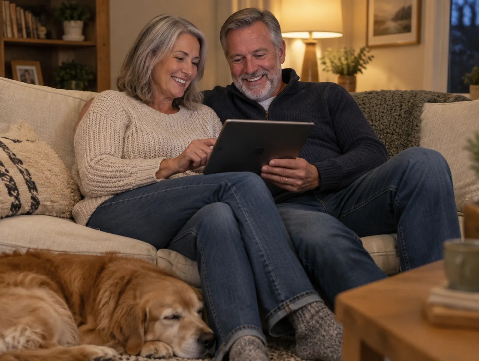A couple on a sofa review their estate plan together on a tablet