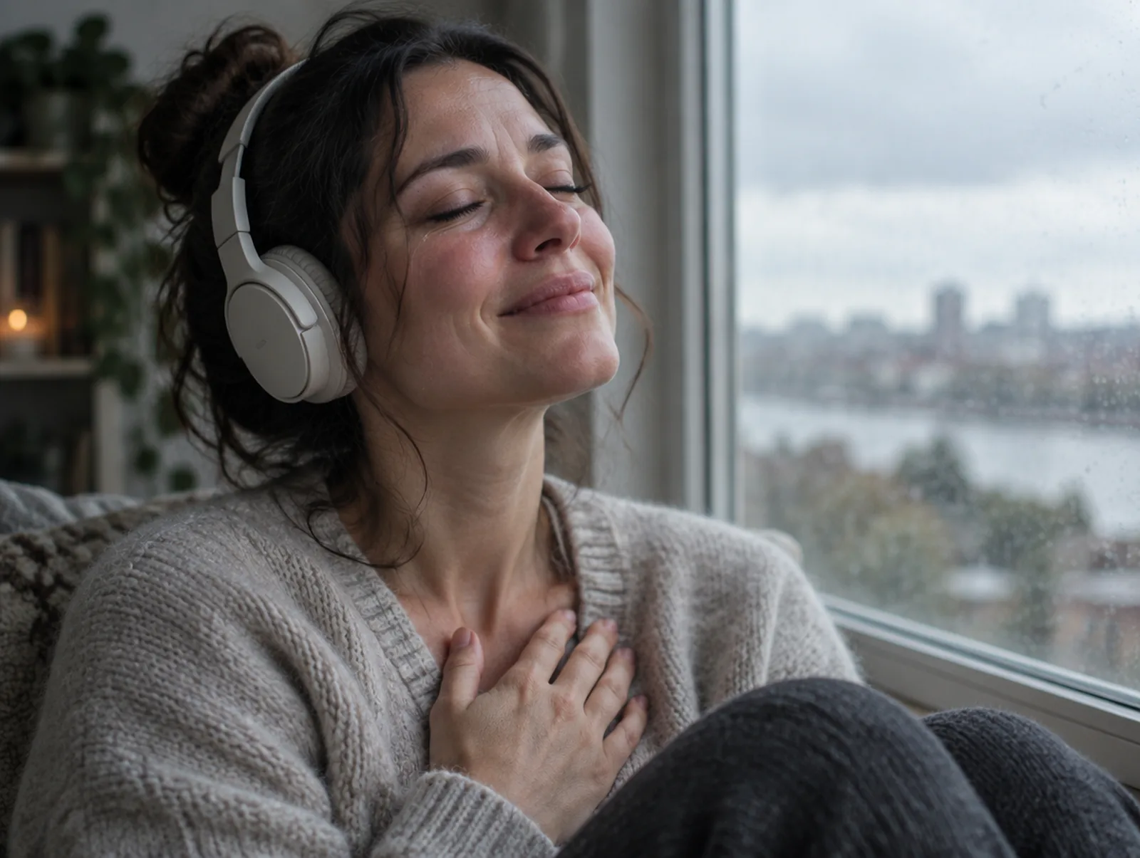 A woman wearing headphones listens, visibly moved, to a recording left for her