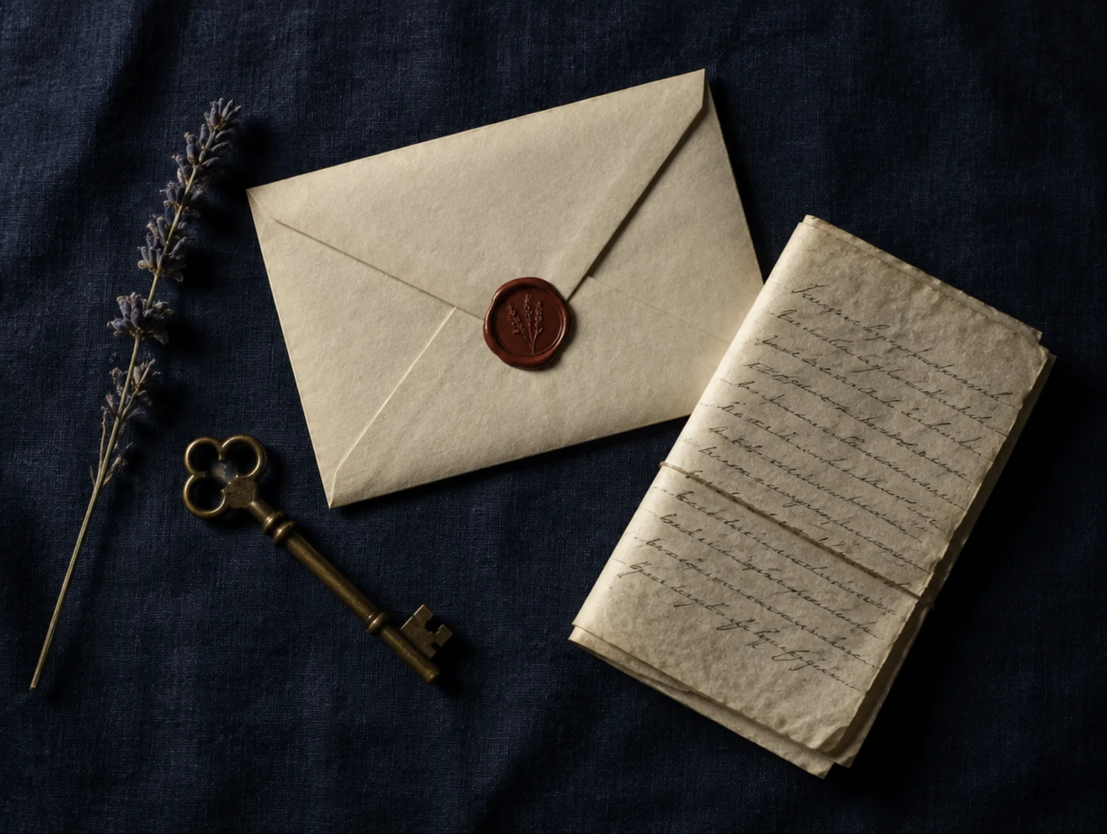 A brass key, a sealed envelope, and a handwritten letter resting on navy linen
