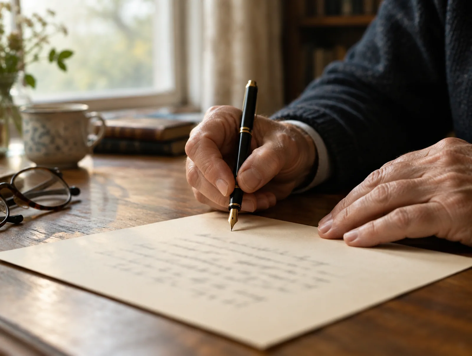 Hands writing a letter by hand at a wooden desk