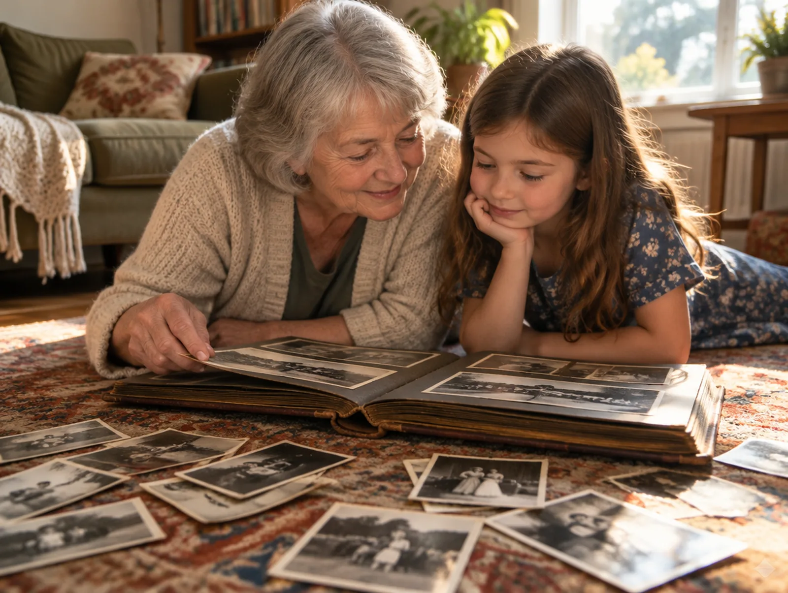 A grandmother and her granddaughter look through a photo album together