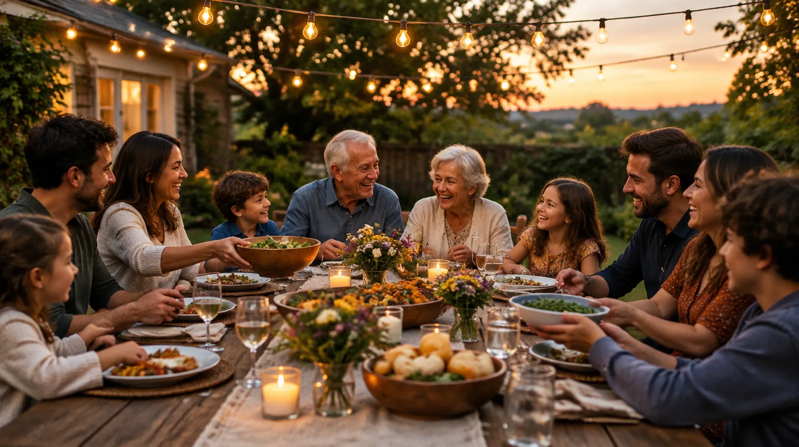 A multi-generational family shares dinner outdoors at dusk