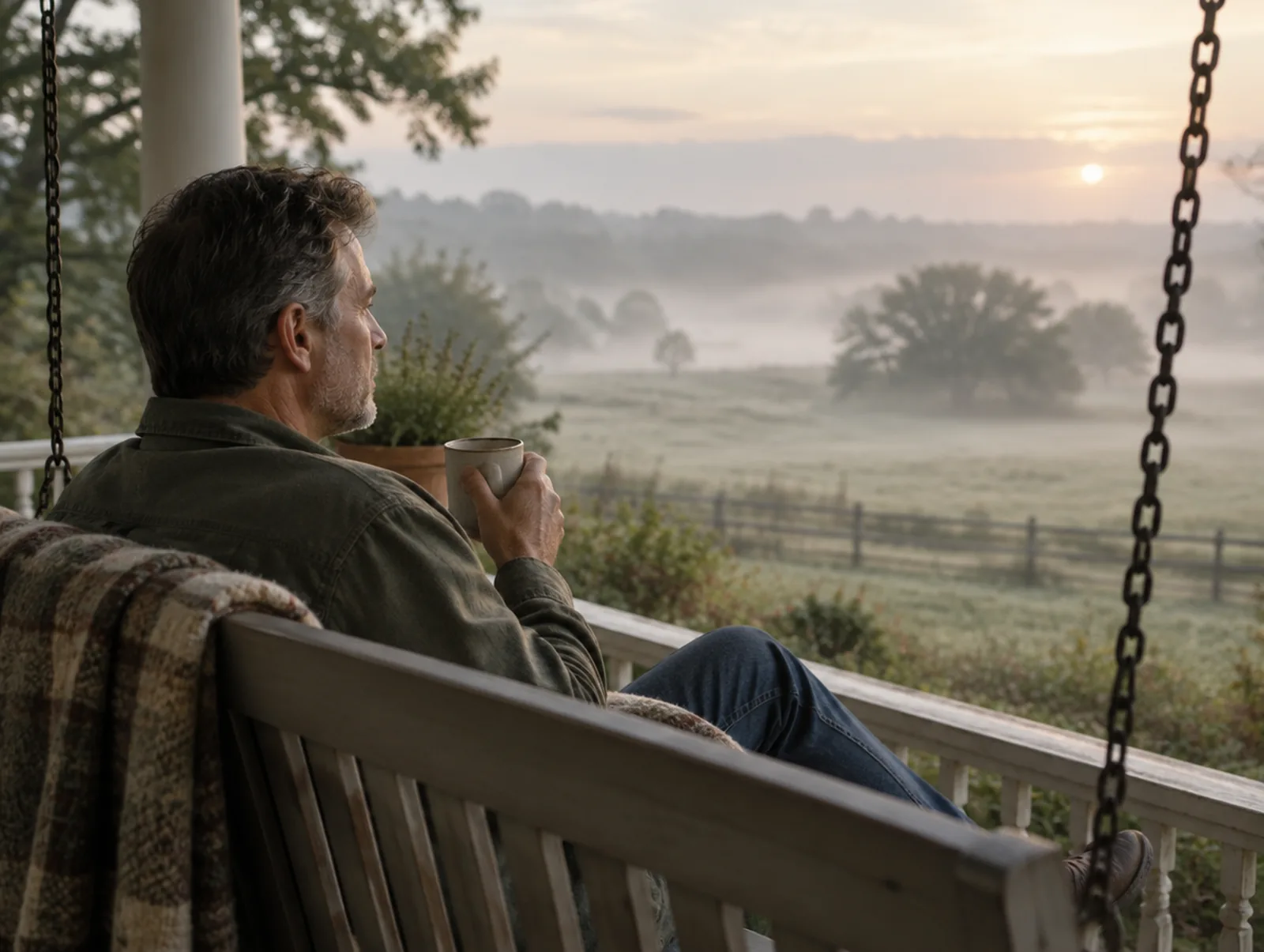 A man sits on a porch swing at dawn, looking out at the yard of his home